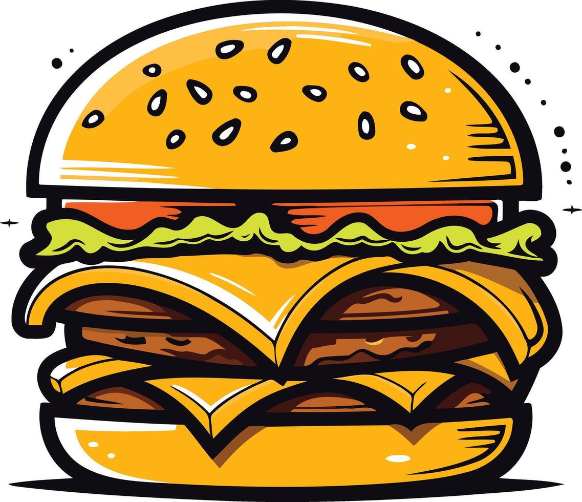 A delicious, cartoon-style burger with multiple patties, cheese, lettuce, and tomato vector
