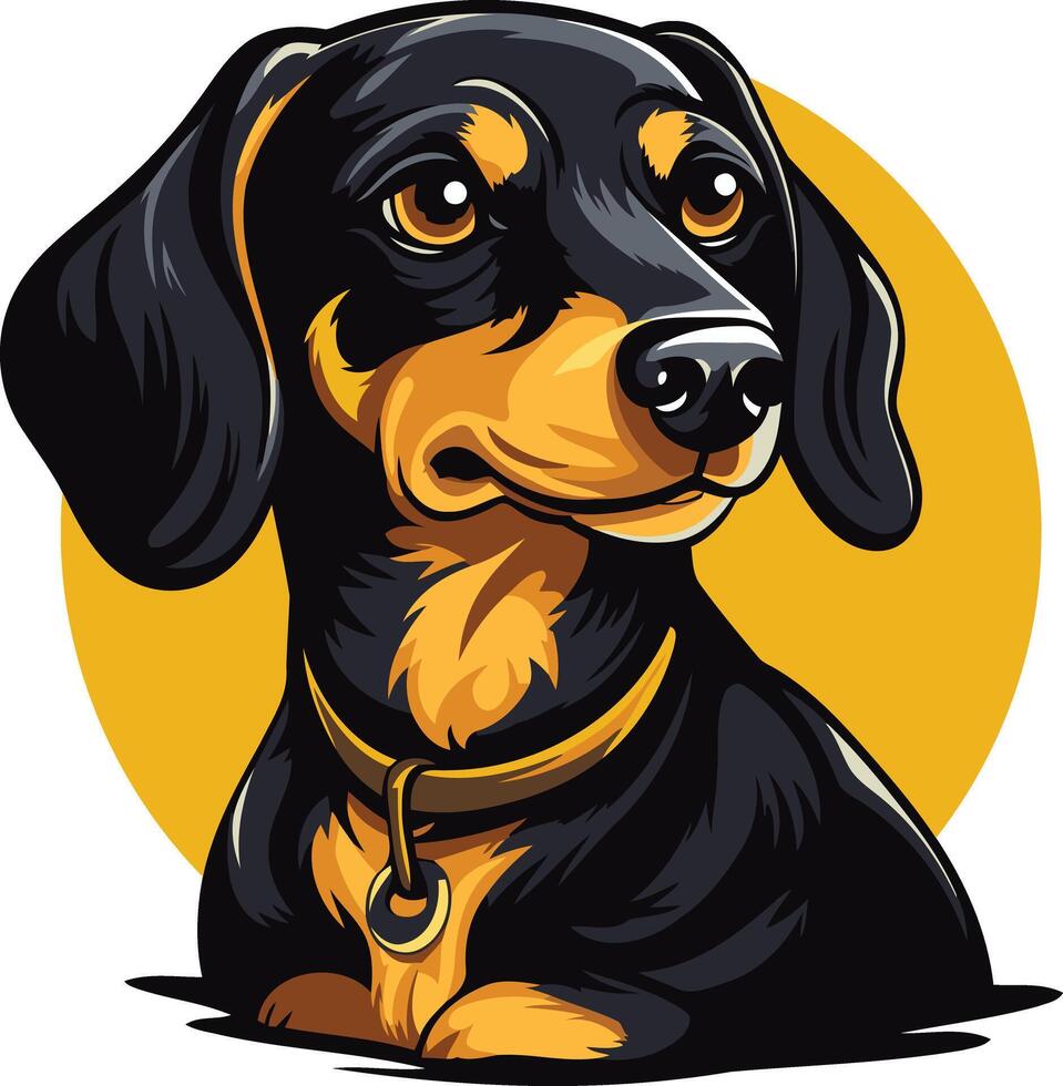 A cute and cartoonish illustration of a black and tan dachshund dog with a yellow background vector
