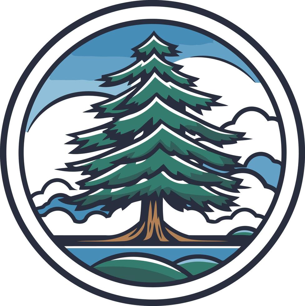 A stylized evergreen tree stands tall against a blue sky and white clouds, encircled by a white border vector