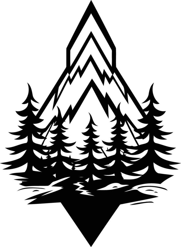 Geometric mountain range silhouette with pine trees, perfect for nature-themed designs, tattoos, or logos vector