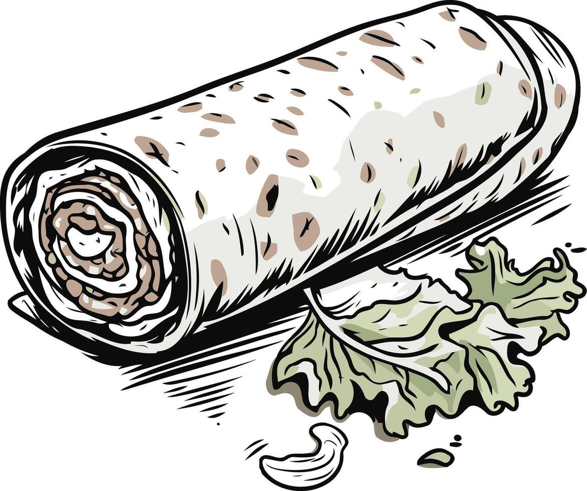 Freshly Rolled Burrito with Lettuce Garnish vector