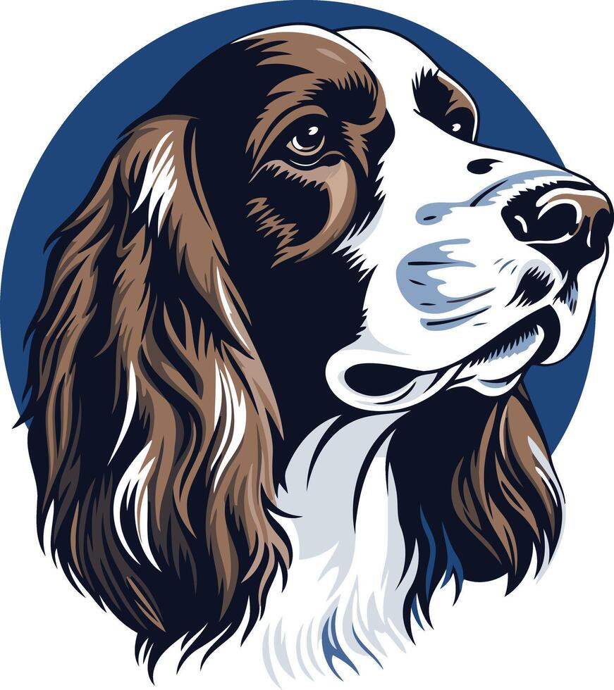 A detailed, illustrated portrait of a springer spaniel, set against a vibrant blue background vector
