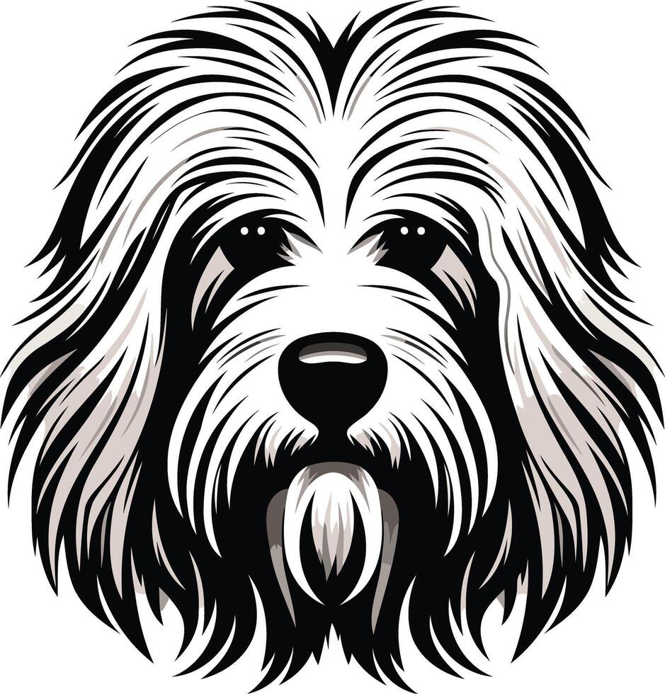 A simple, black and white illustration of a fluffy dog with a friendly expression, perfect for pet-related designs, logos, or branding vector