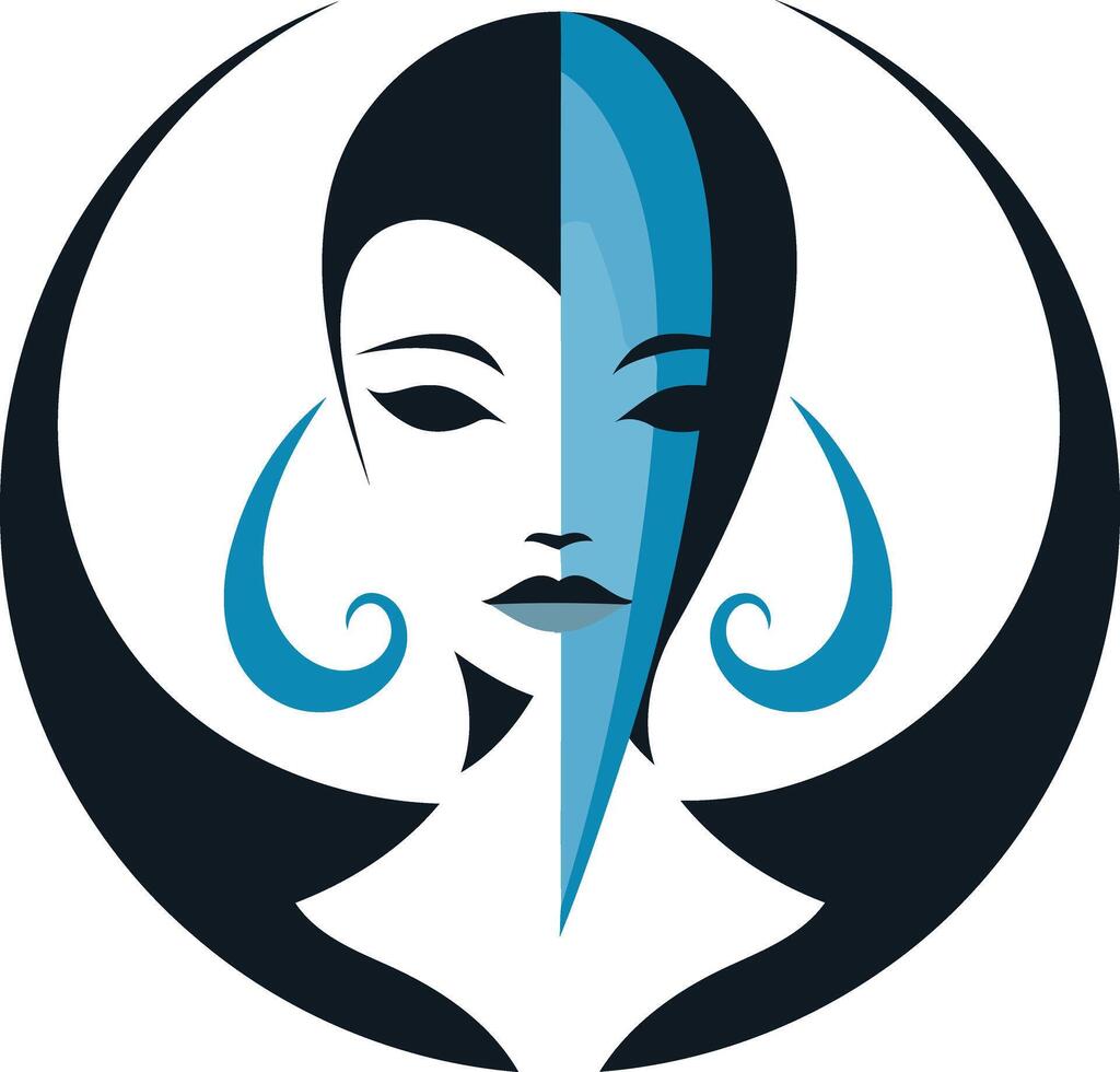 A striking abstract logo featuring a stylized female face, split in half, with bold colors and intricate details vector