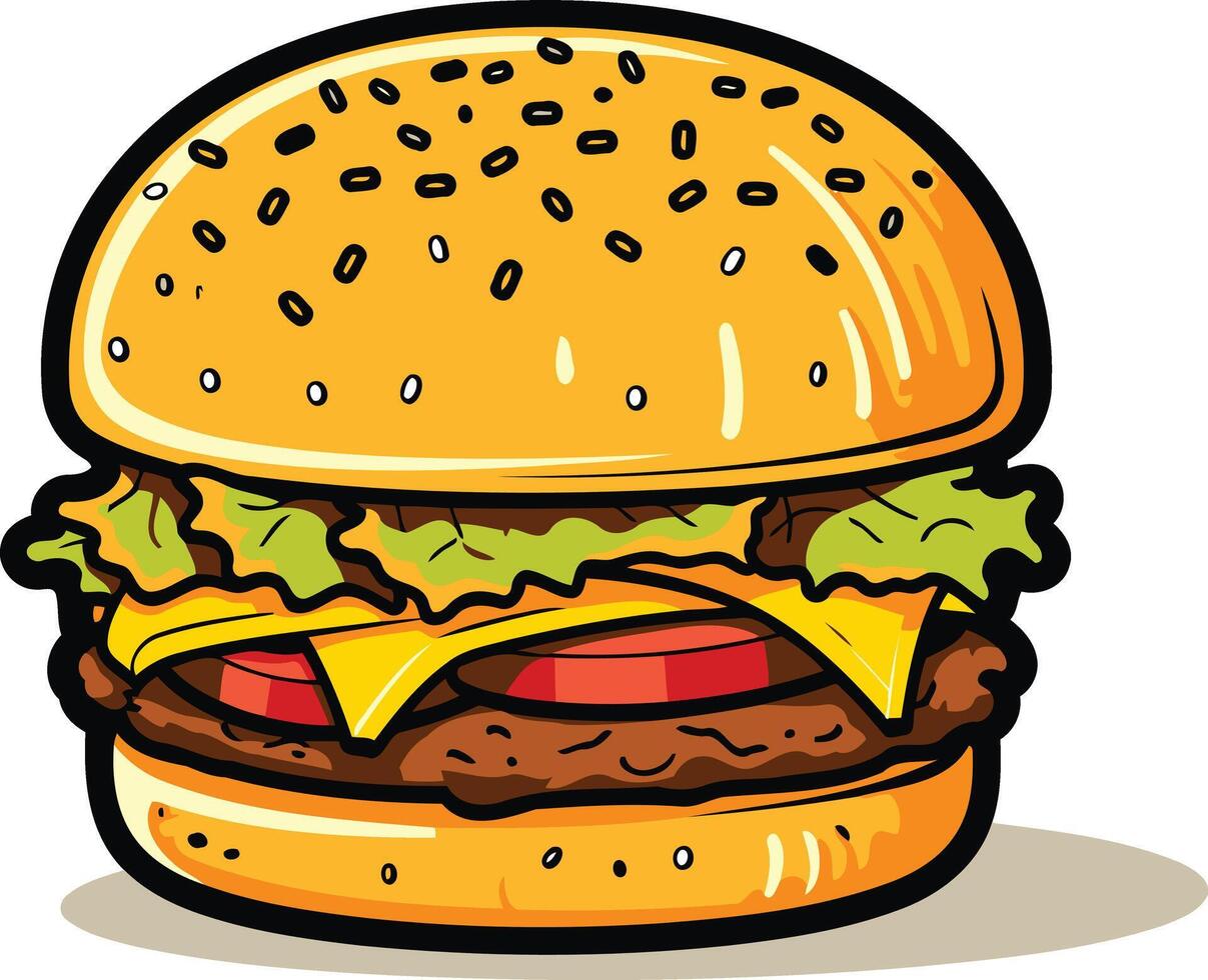 A delicious, cartoon style cheeseburger with lettuce, tomato, and a sesame seed bun vector