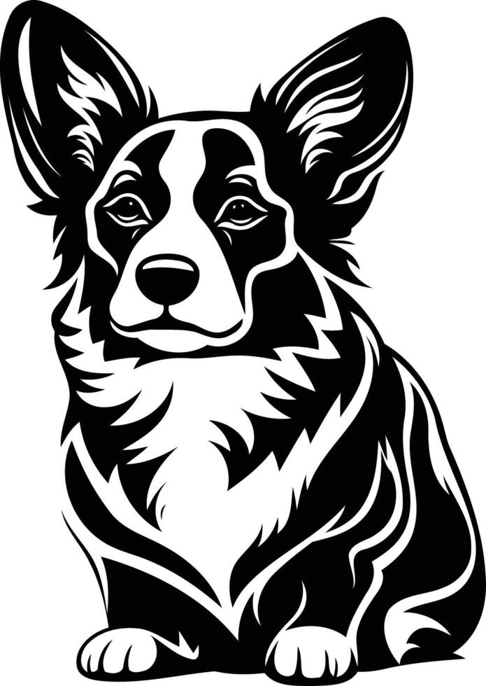 A striking black and white silhouette of a welsh corgi, showcasing its distinctive features and playful personality vector