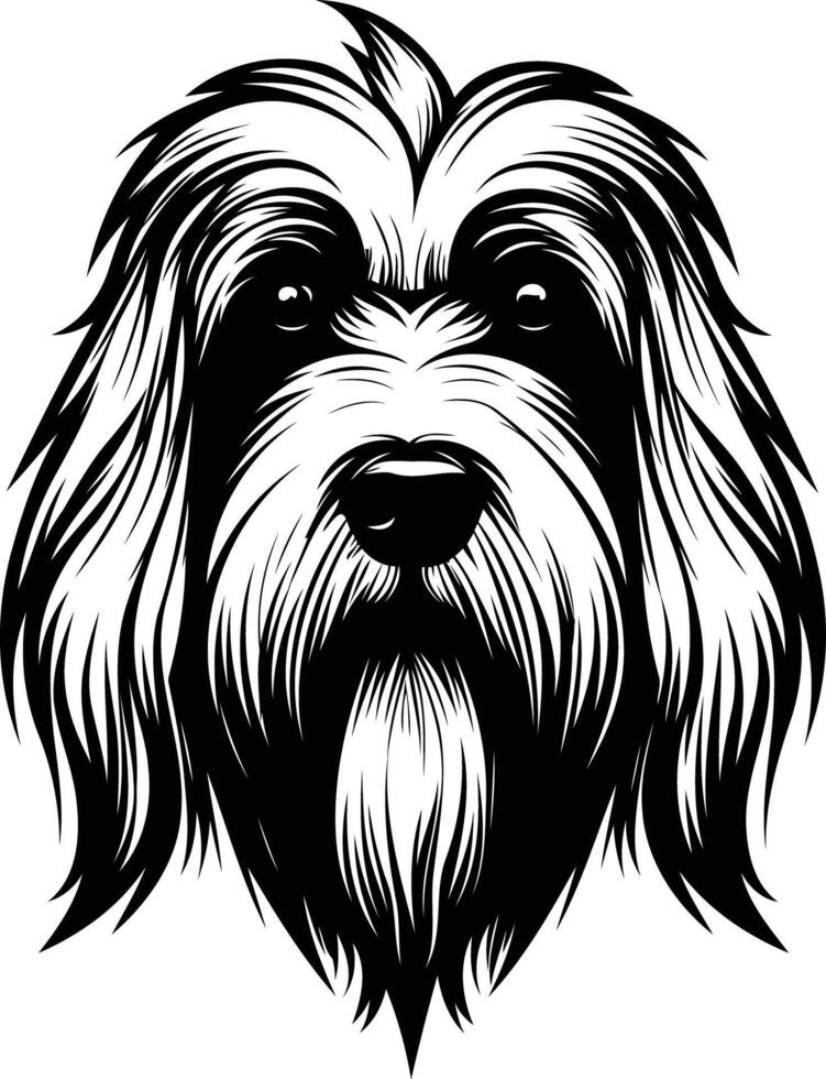 A striking black and white illustration of a dog's head, captured in a bold, graphic style vector