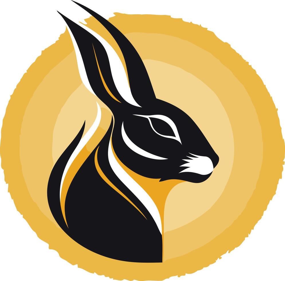 Stylish black and white rabbit logo design with a golden circle background vector