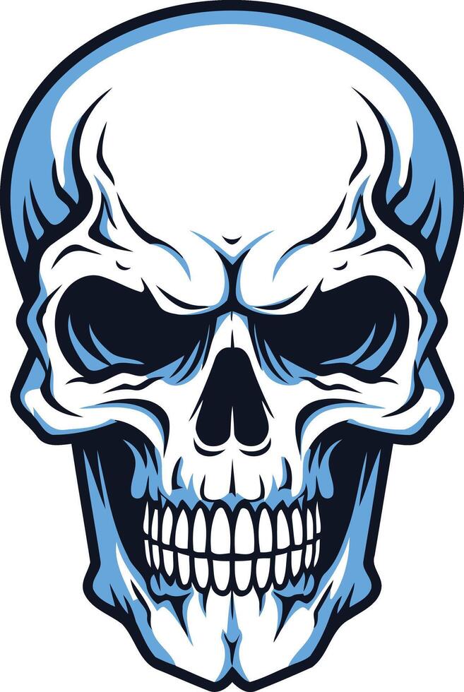 A detailed illustration of a human skull in a blue and white color scheme vector