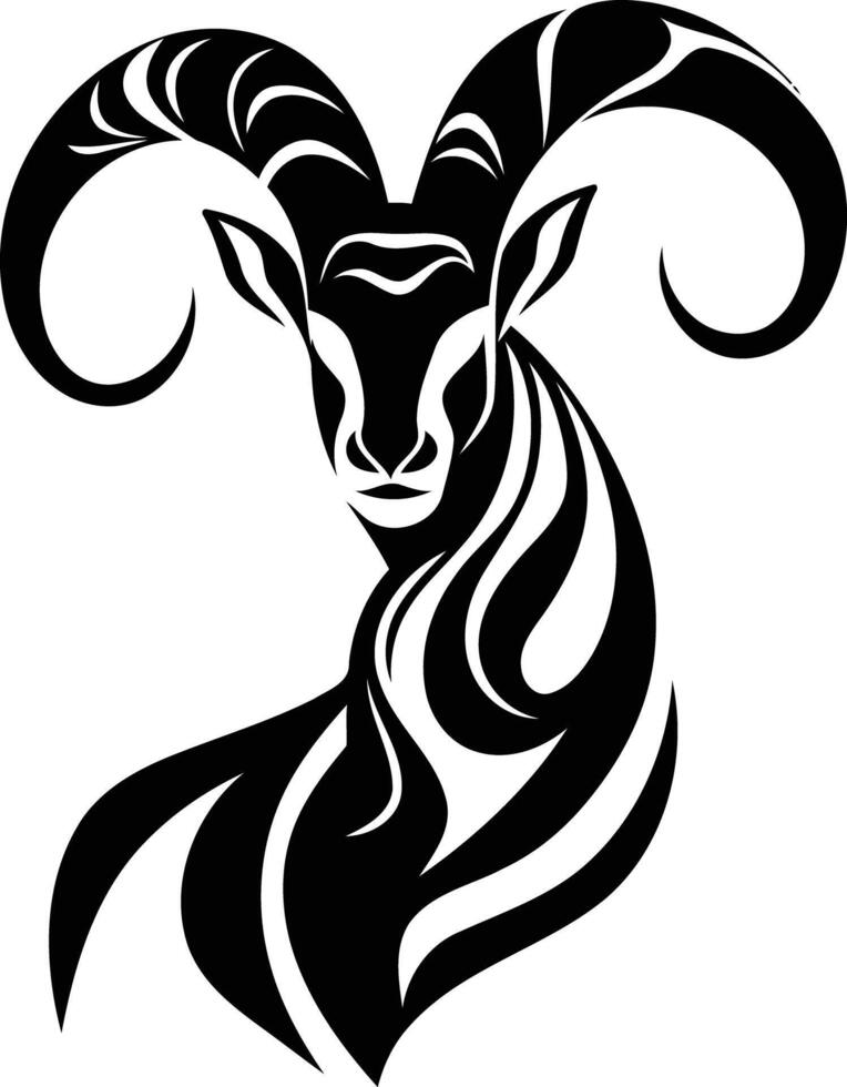 Stylized black and white tribal ram head illustration, perfect for tattoo designs, apparel prints, and branding vector