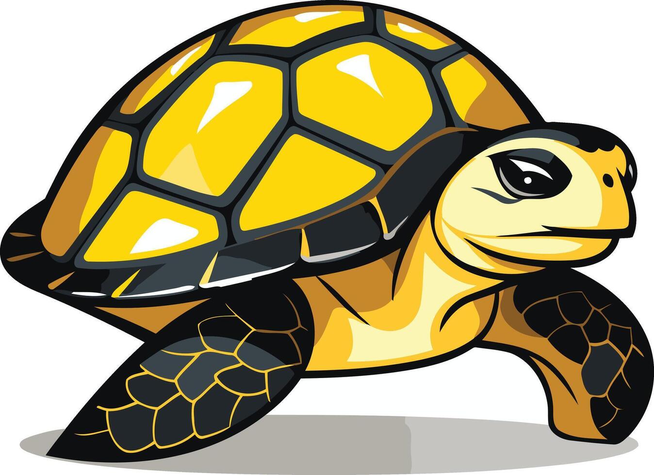 A cartoon illustration of a yellow turtle with a black shell and legs, standing on a white background vector