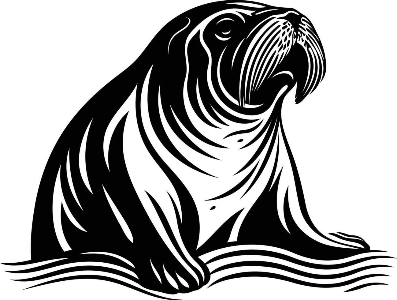A bold, black and white illustration of a walrus emerging from the water, perfect for tattoos, branding, and nature-themed designs vector
