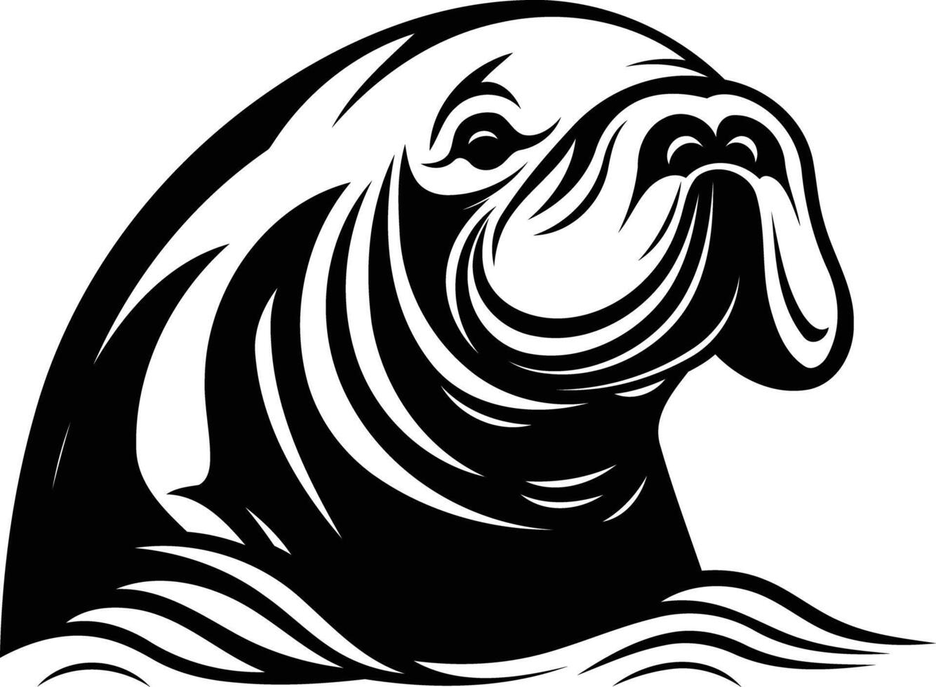 Black and white illustration of a manatee head emerging from water vector