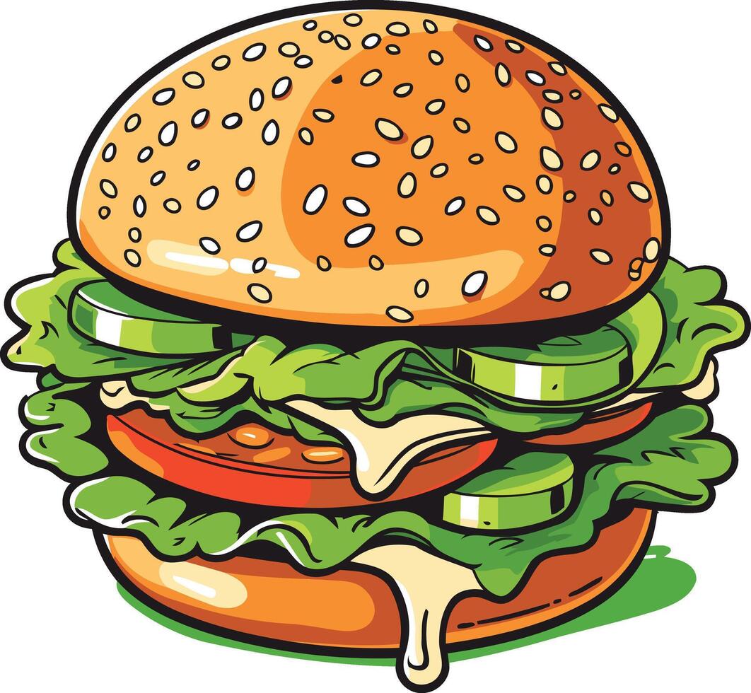 Cartoon Burger with Lettuce, Tomato, Cucumber and Sesame Bun vector