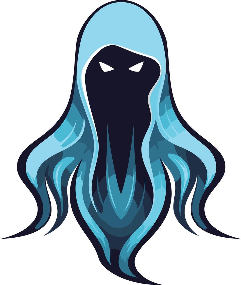 A menacing, blue-hued ghost with glowing eyes, perfect for gaming logos, esports teams, or any project needing a mysterious, dark and powerful aesthetic vector