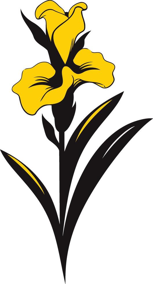 Elegant yellow iris flower with black stem and leaves, perfect for floral design, spring themes, or nature-inspired projects vector