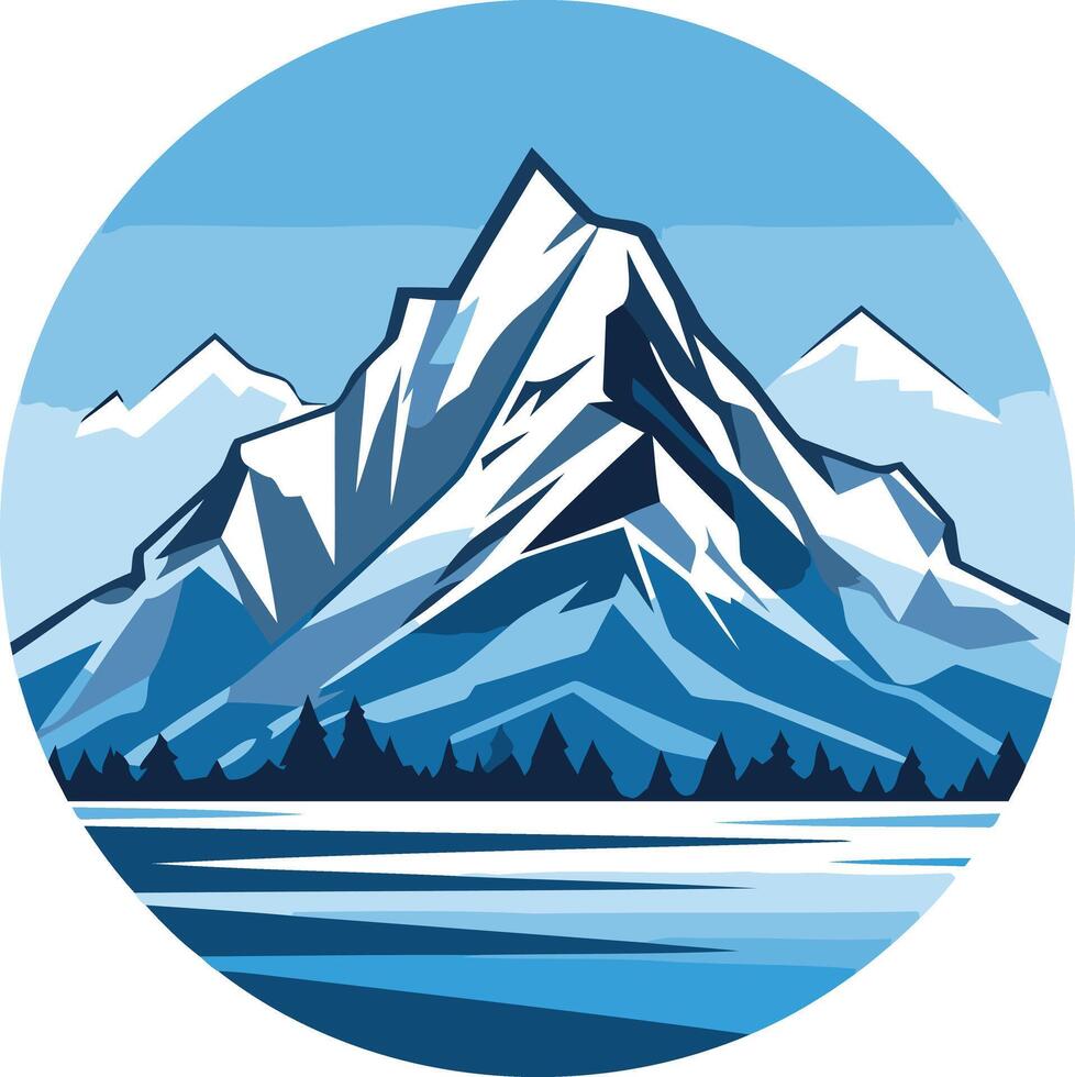 A minimalist and modern logo design featuring a majestic snow-capped mountain peak against a blue sky backdrop vector