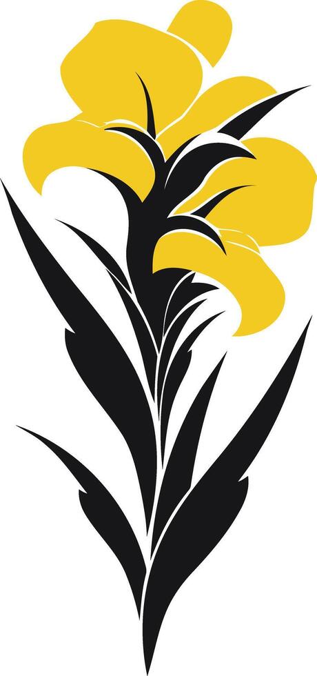 A simple, stylized yellow flower with black stem and leaves vector