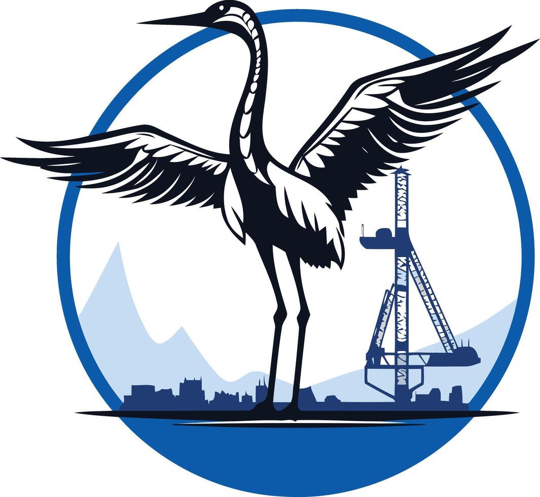 A bold and modern logo featuring a crane with outstretched wings, standing tall against a cityscape and a drilling rig vector