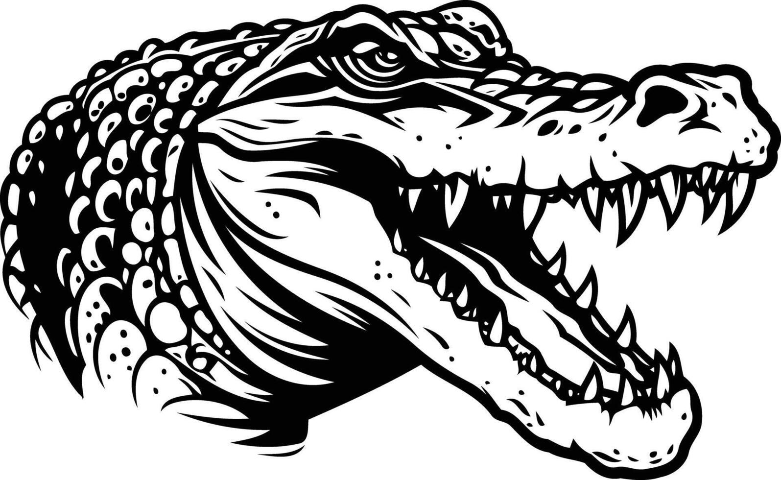 Fearsome black and white illustration of a crocodile's head with sharp teeth and a menacing expression vector