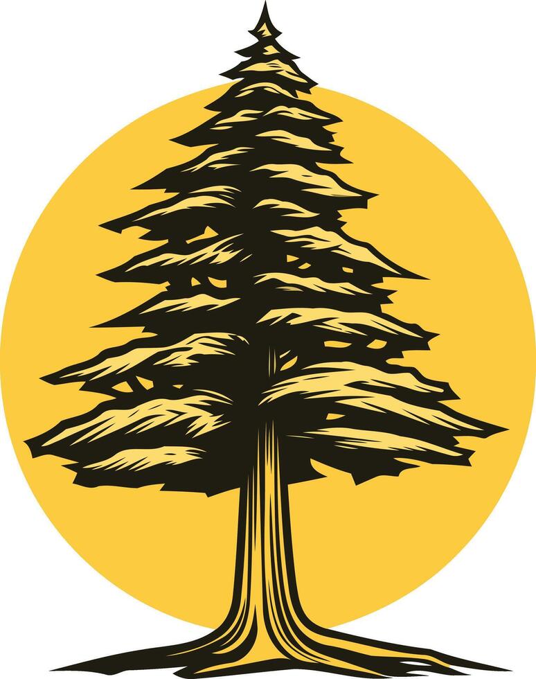 A stylized illustration of a tall pine tree with a sunburst behind it vector