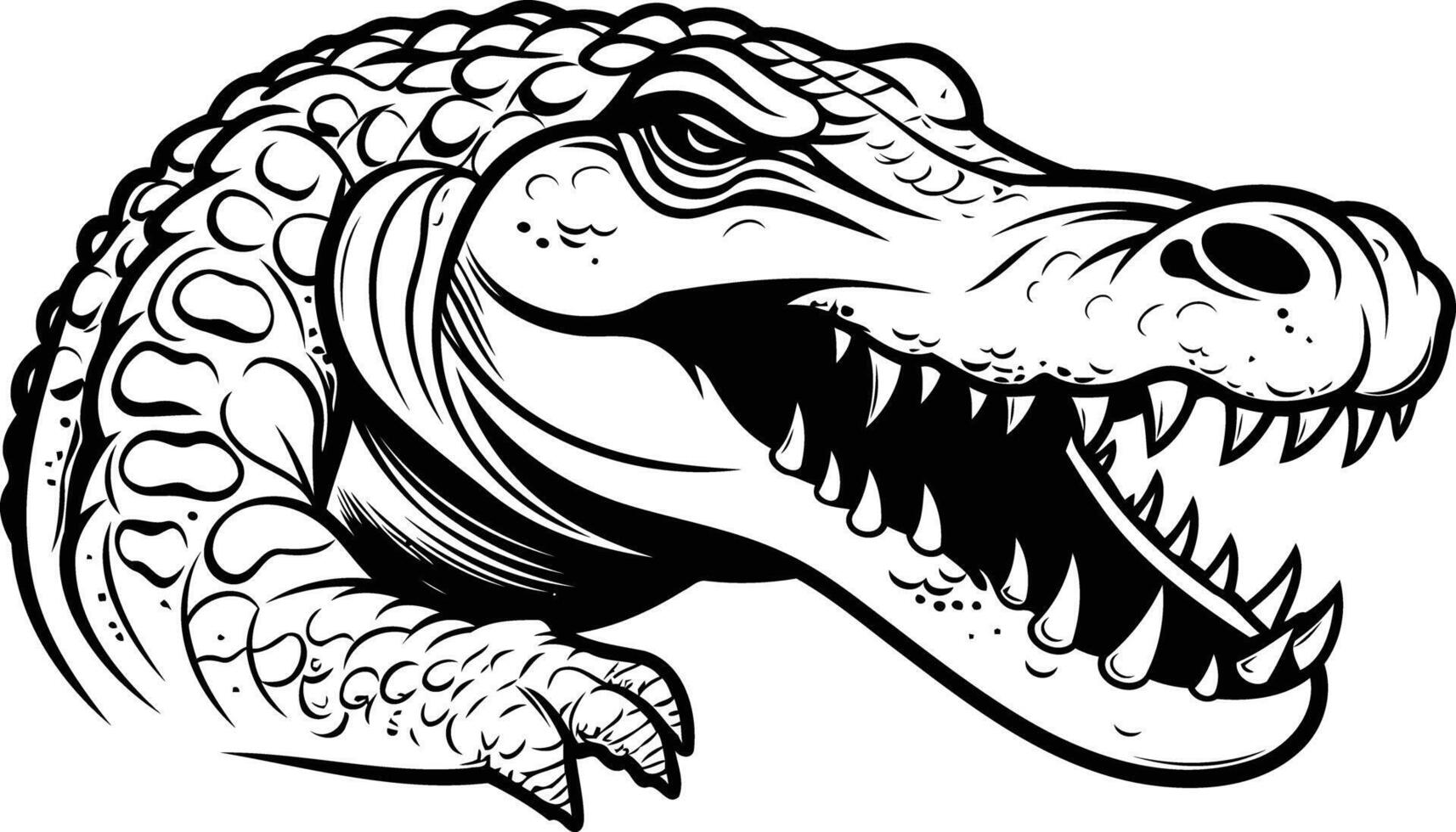 A fierce black and white illustration of an alligator's head vector