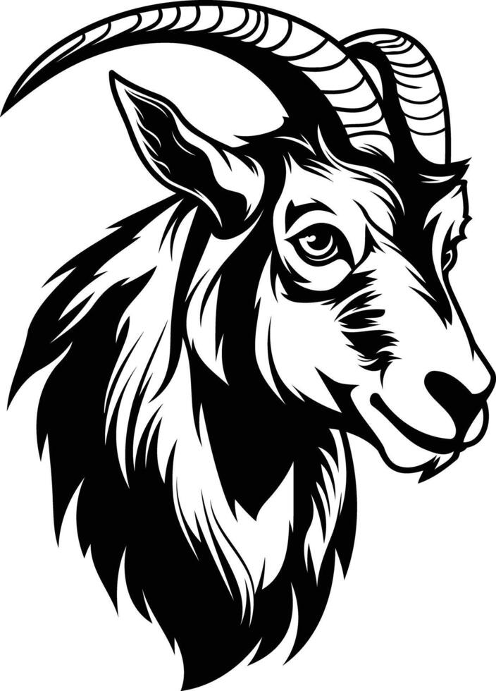 A powerful black and white illustration of a goat's head, perfect for tattoo designs, branding, or any project requiring a strong, animalistic image vector