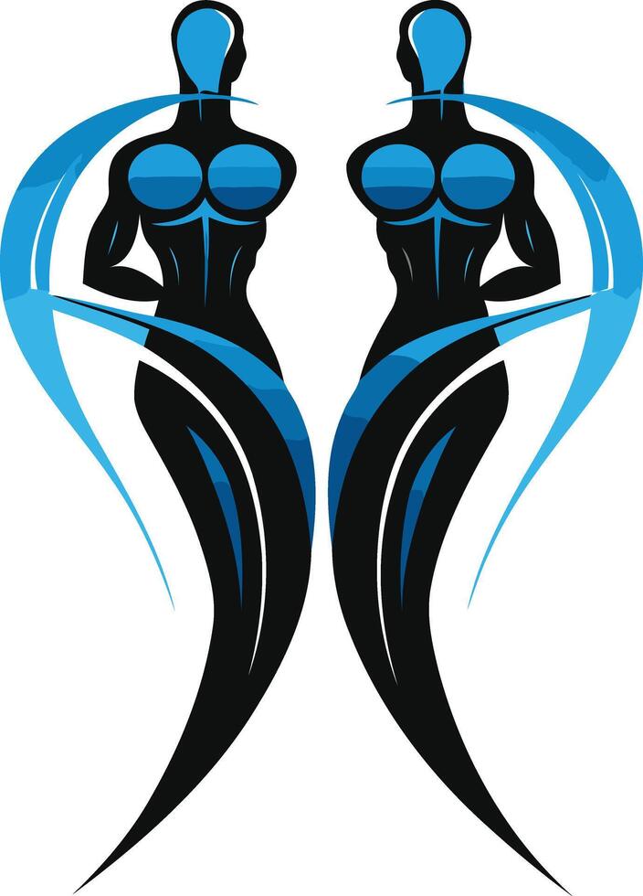 Abstract logo design featuring two stylized figures, representing strength, unity, and balance vector