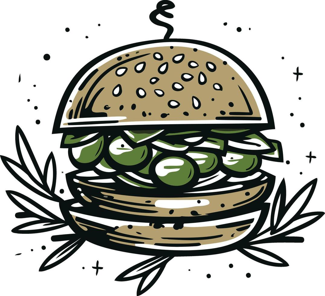 A hand-drawn illustration of a delicious veggie burger, perfect for promoting healthy and plant-based food options vector