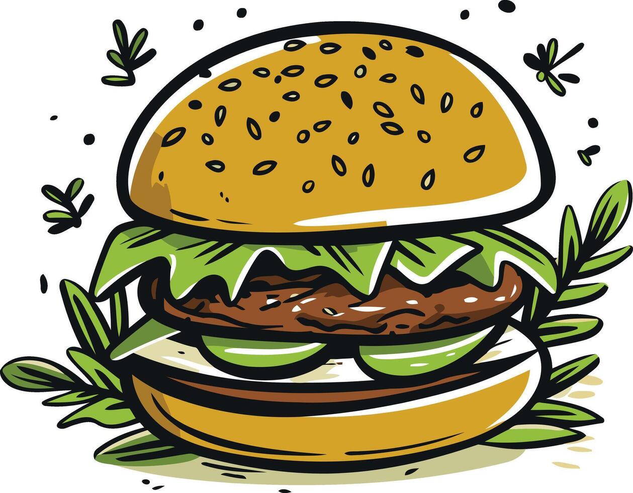 A juicy burger with fresh lettuce and tomato, perfect for menu design, restaurant branding, or social media posts vector