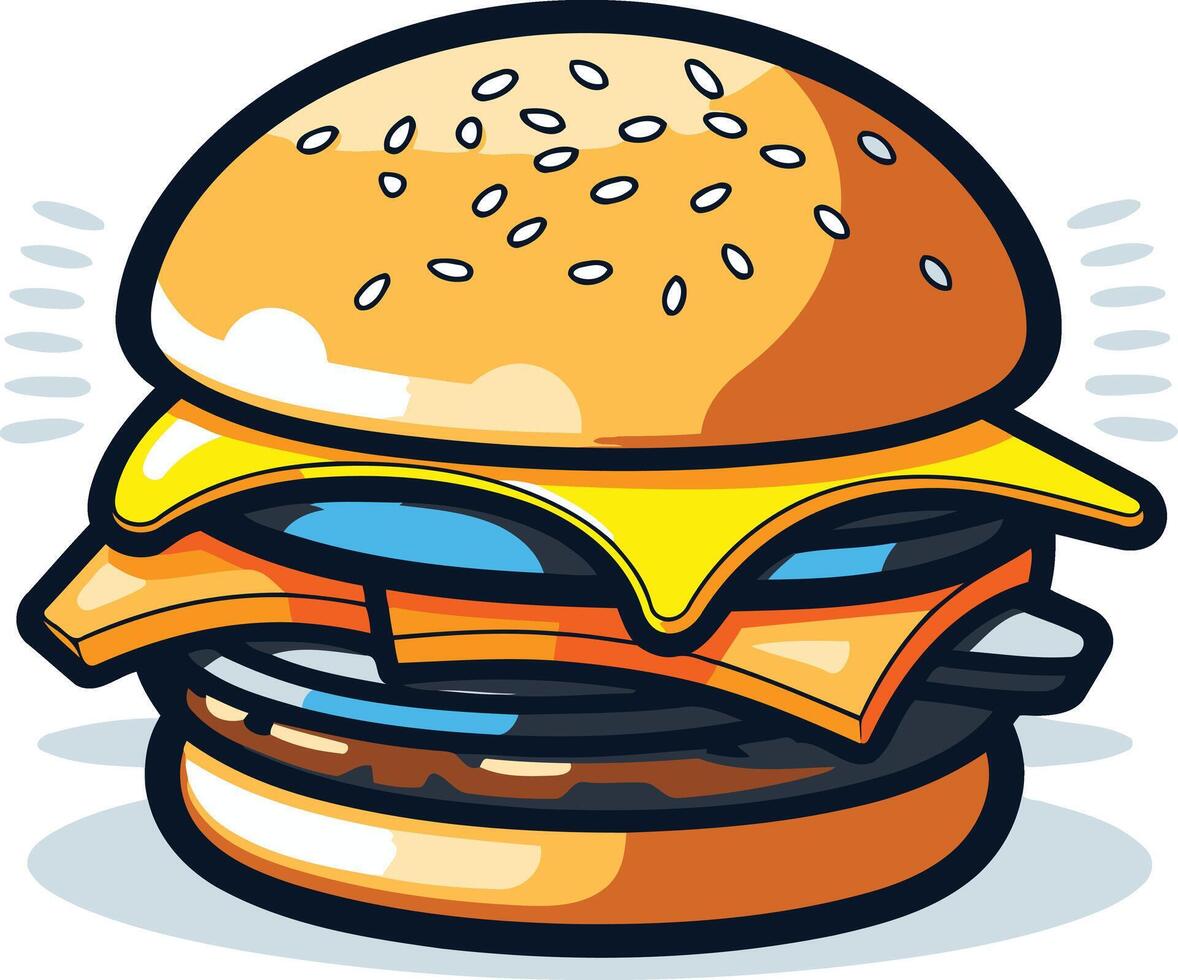 A cartoon illustration of a delicious, stacked hamburger with cheese and sesame seed bun vector