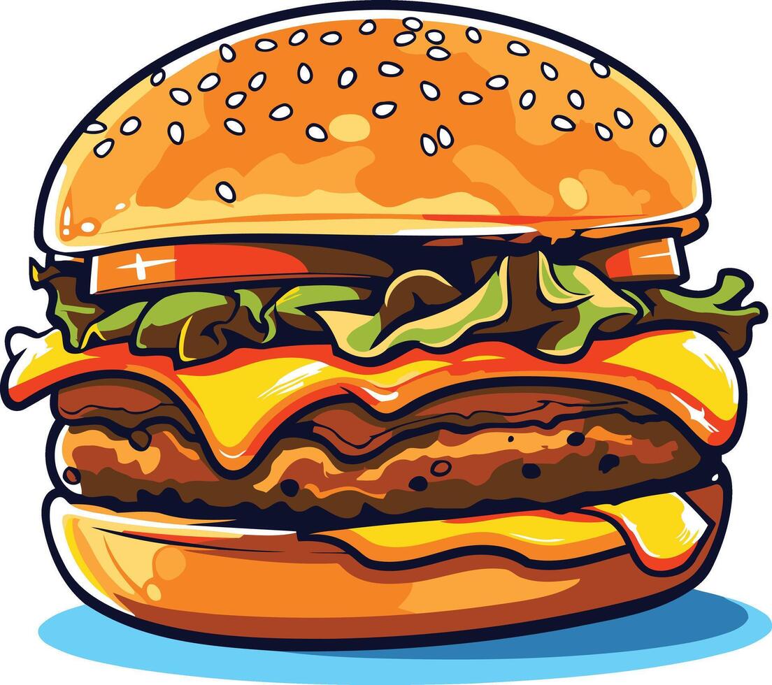 A juicy, cartoon-style double cheeseburger with all the fixings vector