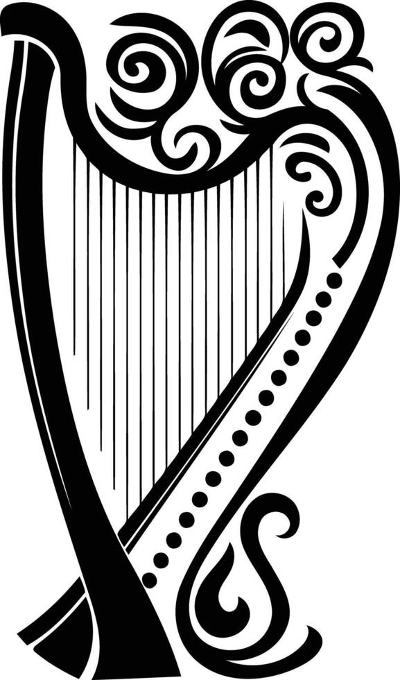 A stylized black and white illustration of a celtic harp, perfect for designs related to irish culture, music, or heritage vector