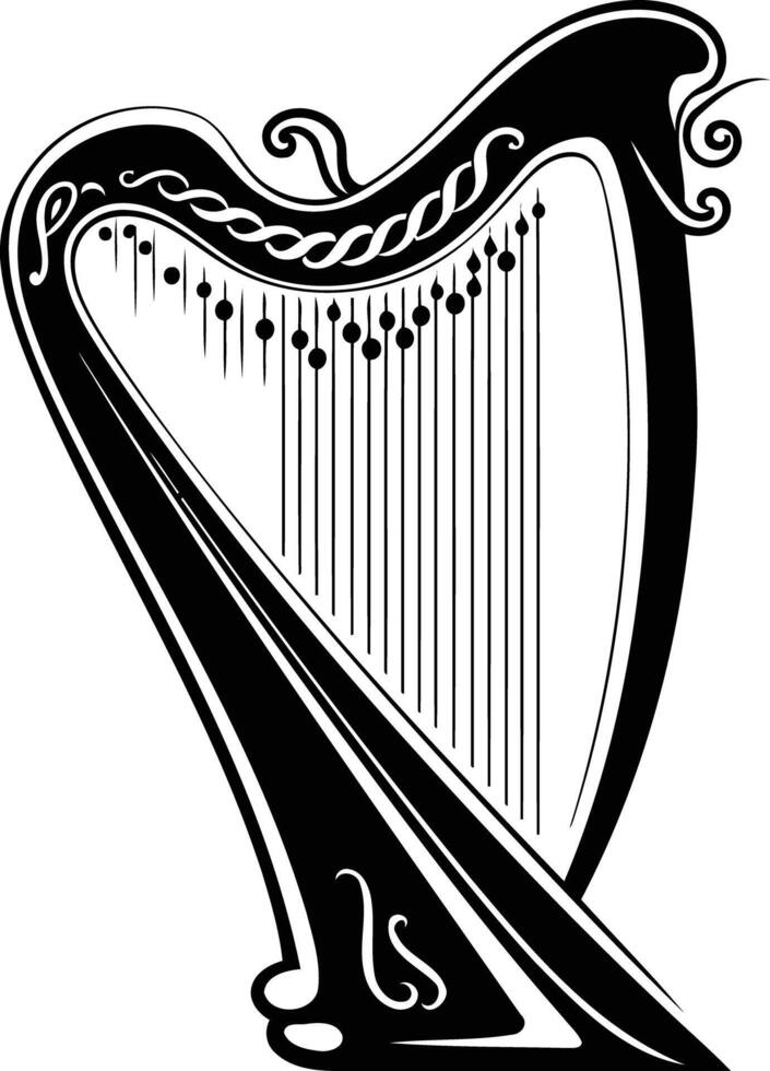 Black and white illustration of a celtic harp with ornate design vector