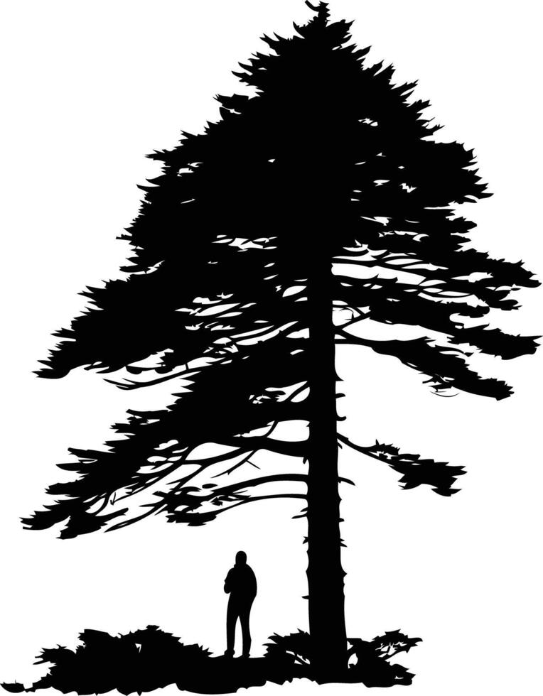 A lone figure stands silhouetted against the backdrop of a majestic pine tree, creating a powerful and evocative image of nature's grandeur and human presence vector