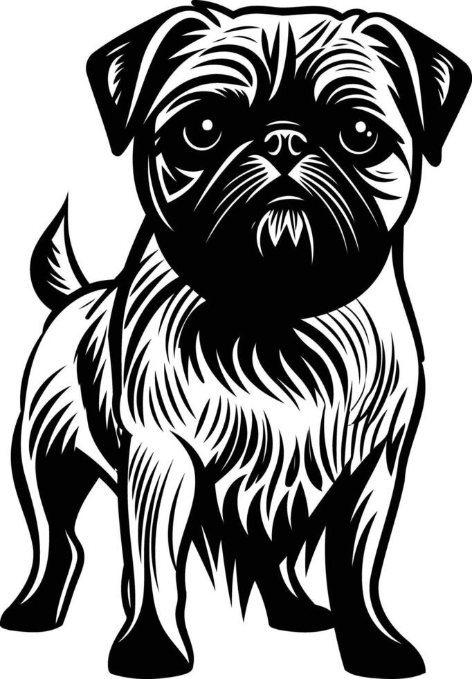 A striking black and white illustration of a pug, rendered in a bold, graphic style vector