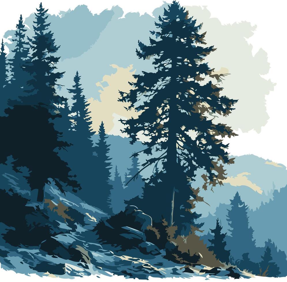 A serene and calming illustration of a mountain landscape featuring a tall pine tree, rocky terrain, and a hazy, atmospheric sky vector