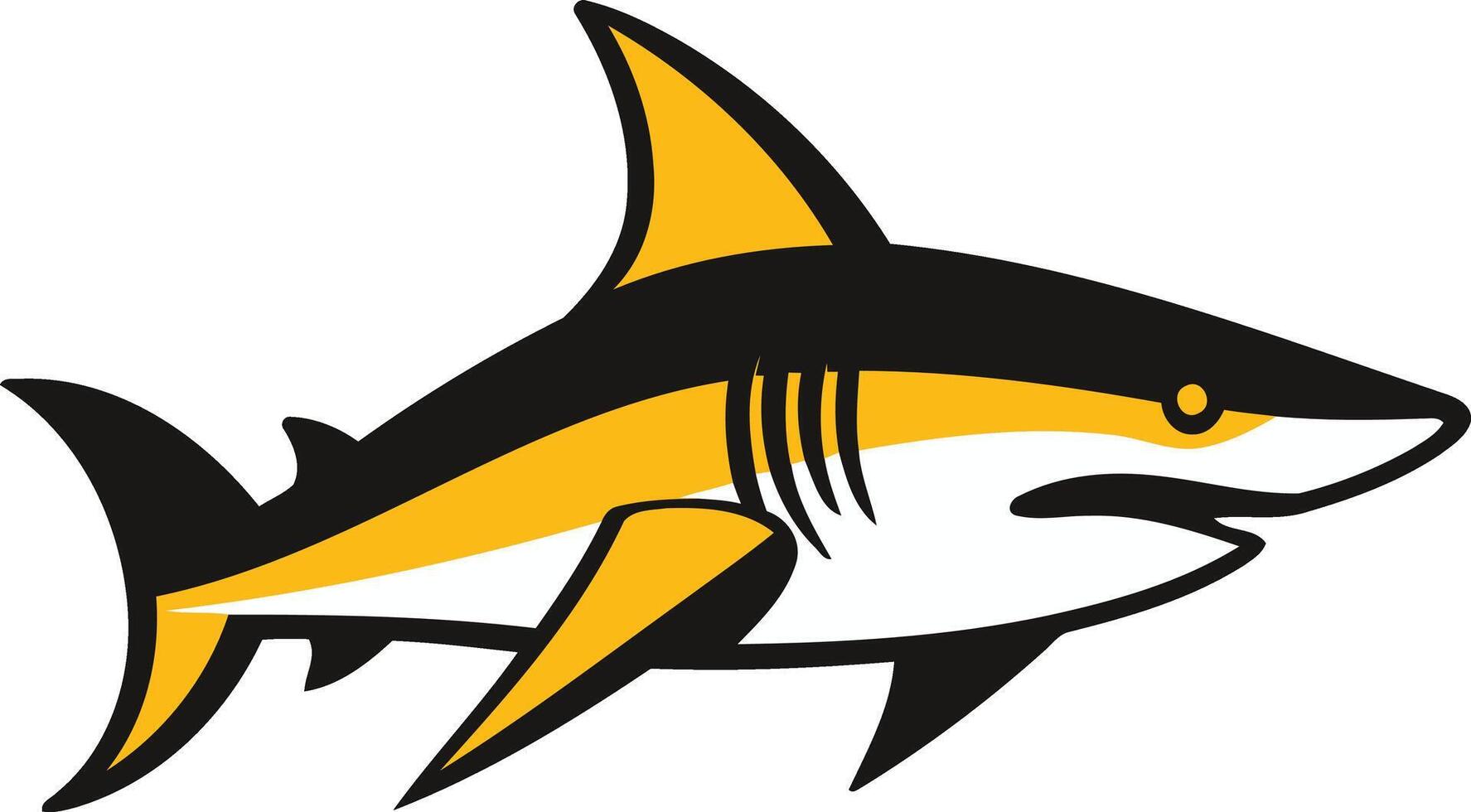 A bold, stylized illustration of a shark in black, yellow, and white vector