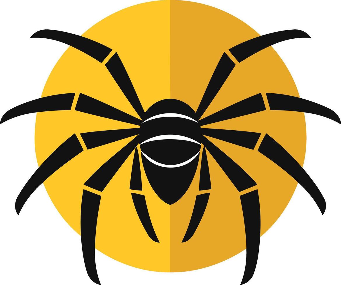 A bold, stylized black spider silhouette against a bright yellow circle, perfect for halloween branding, web design, or spooky illustrations vector