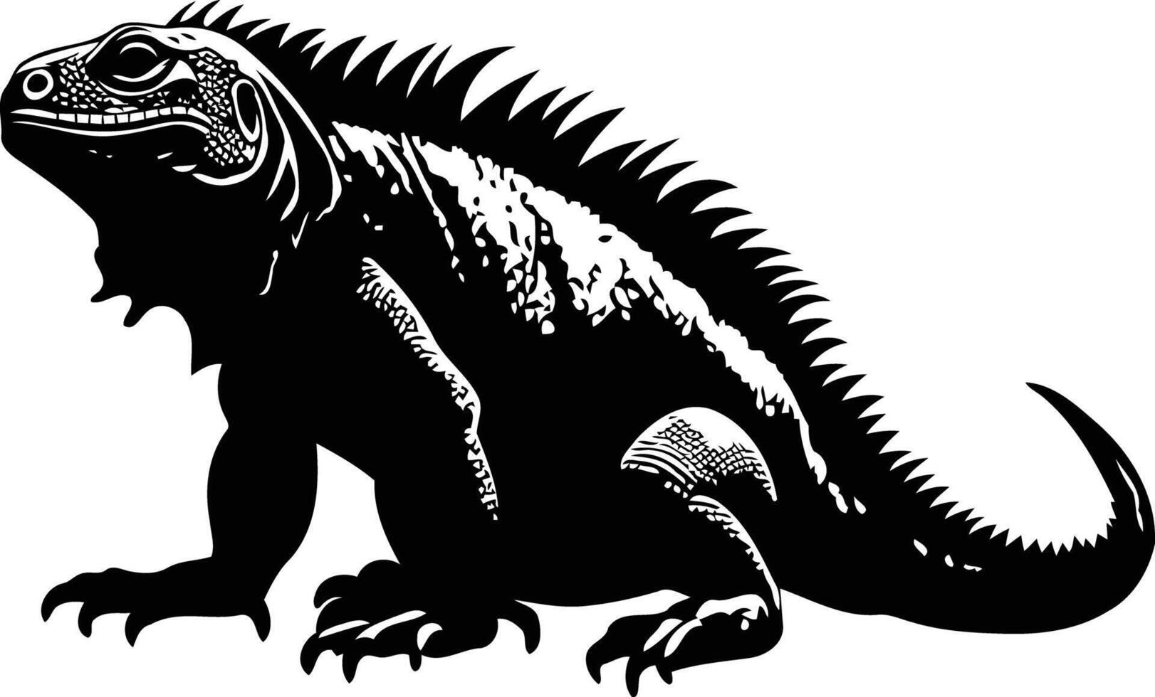 A bold black and white silhouette of an iguana, perfect for graphic designs, website backgrounds, and illustrations vector