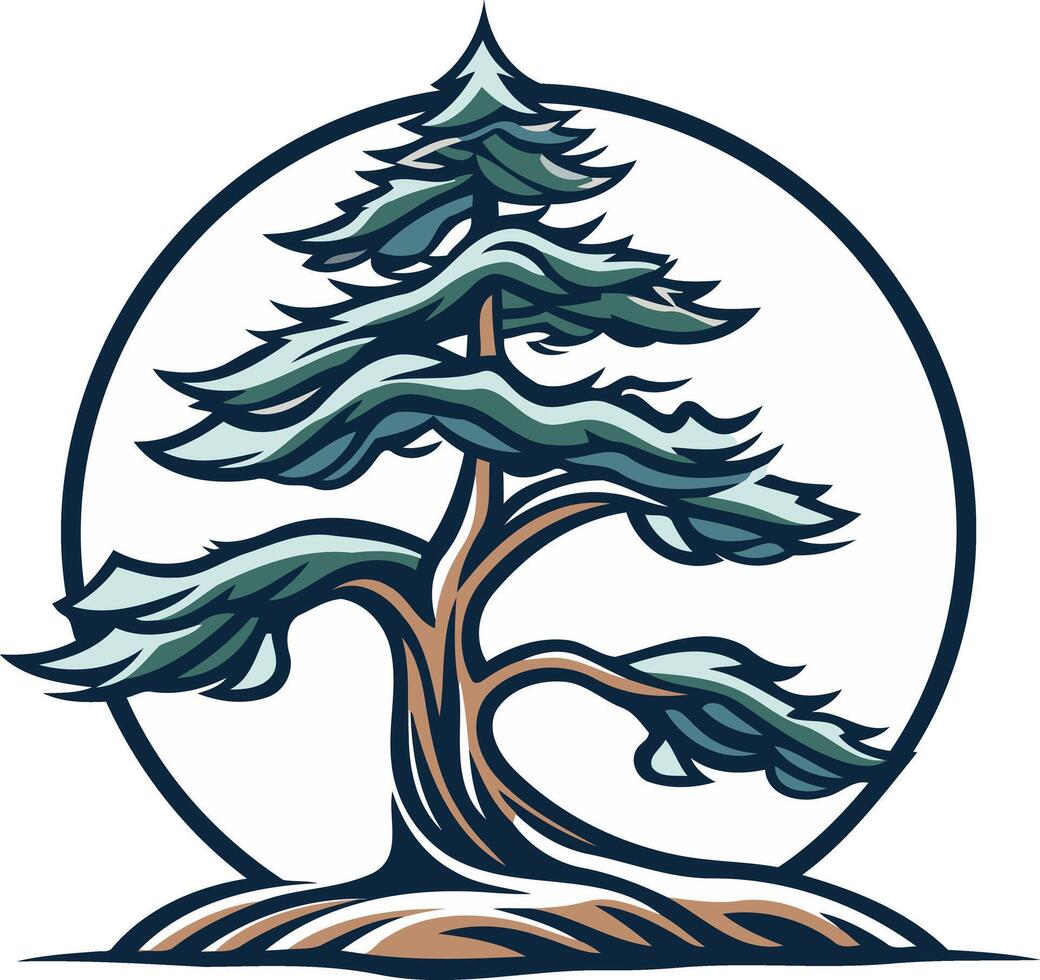 A stylized evergreen tree with a thick trunk and branches, encircled by a simple circle, perfect for a logo or branding vector