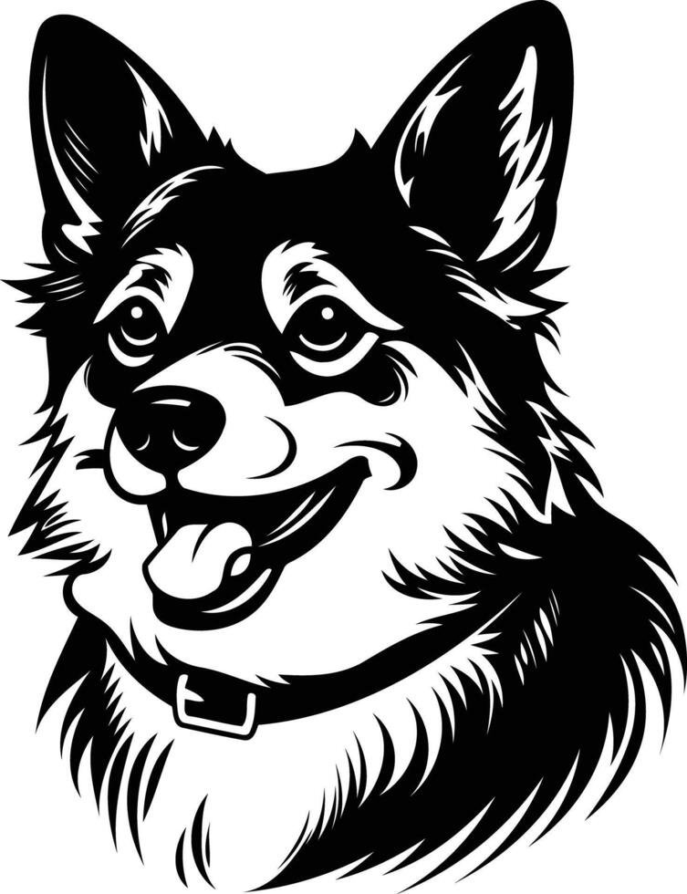 A black and white illustration of a friendly corgi with a big smile and a collar vector