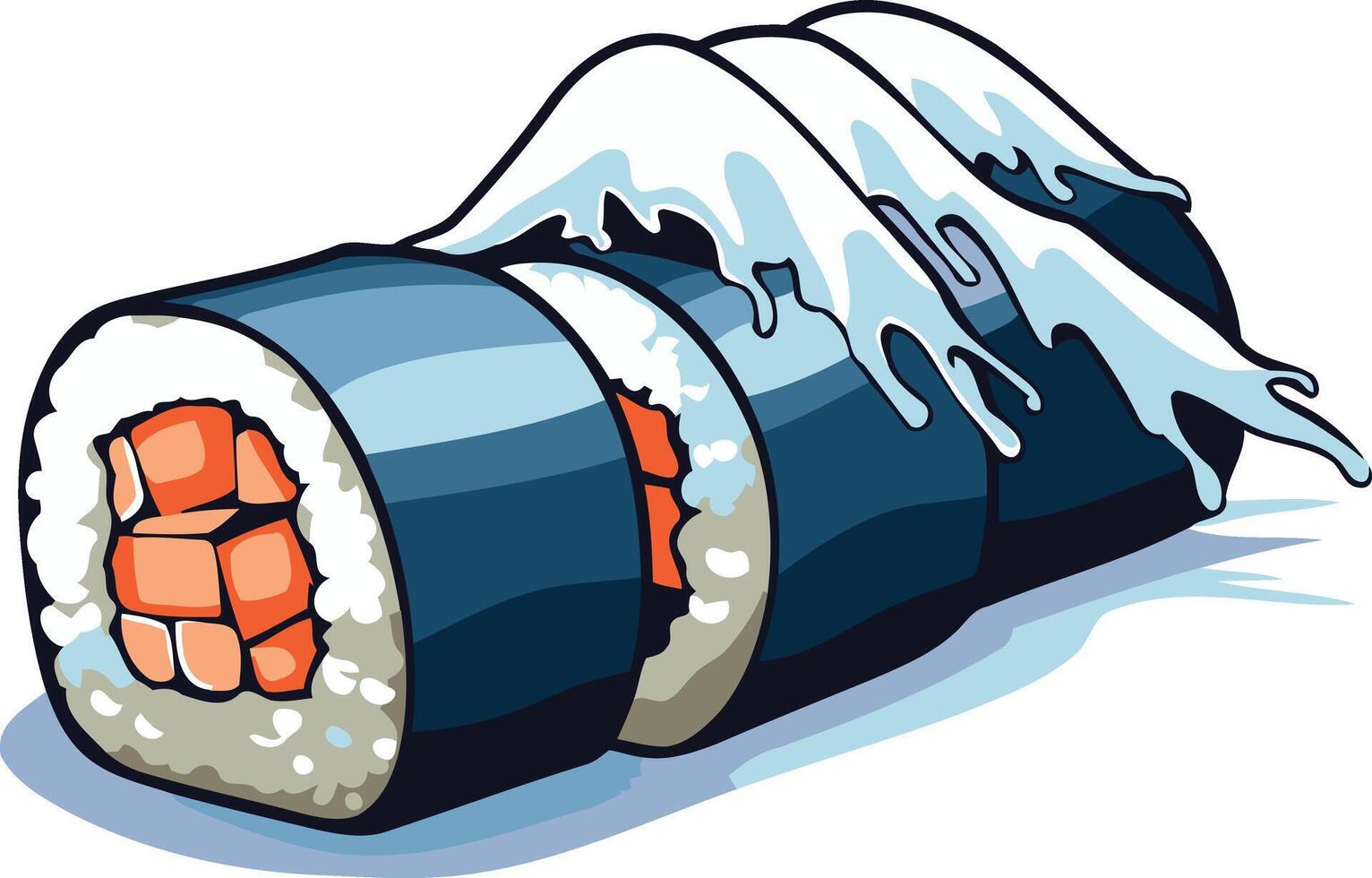 A playful illustration of sushi rolls with a wave crashing over them vector