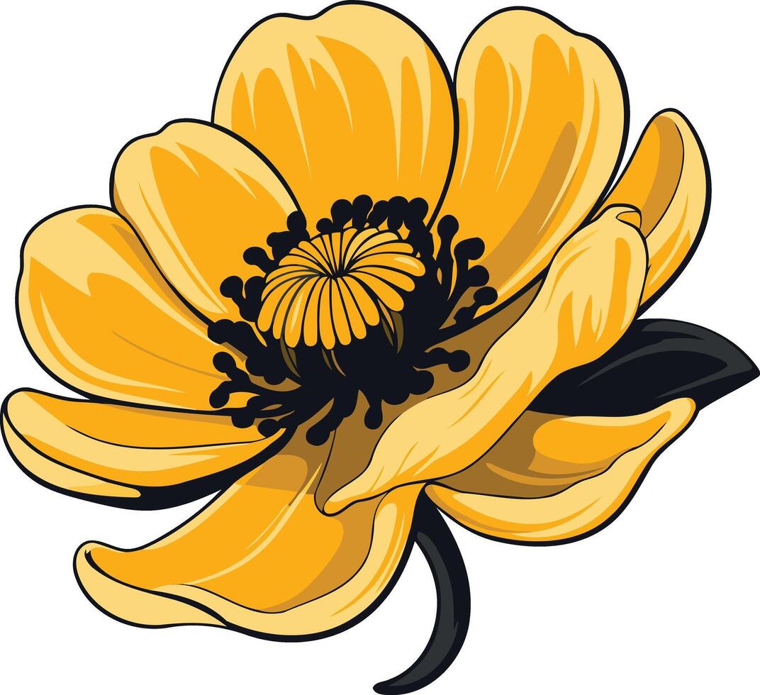 A vibrant yellow flower with a black outline, perfect for floral designs, branding, and nature-inspired projects vector