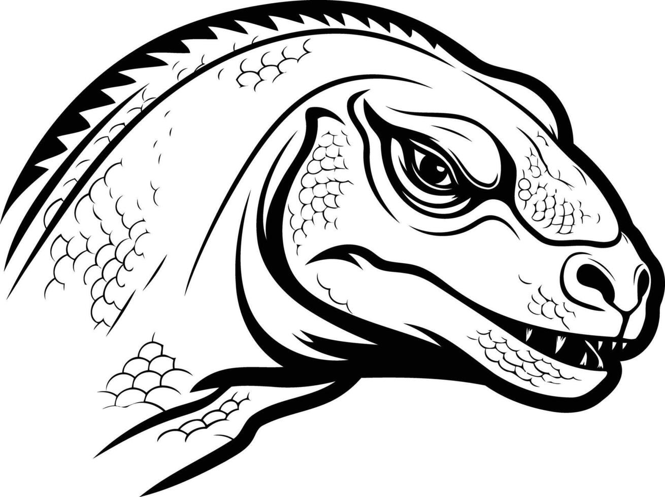 Black and white illustration of a komodo dragon head, perfect for tattoos, logos, or designs related to wildlife and nature vector
