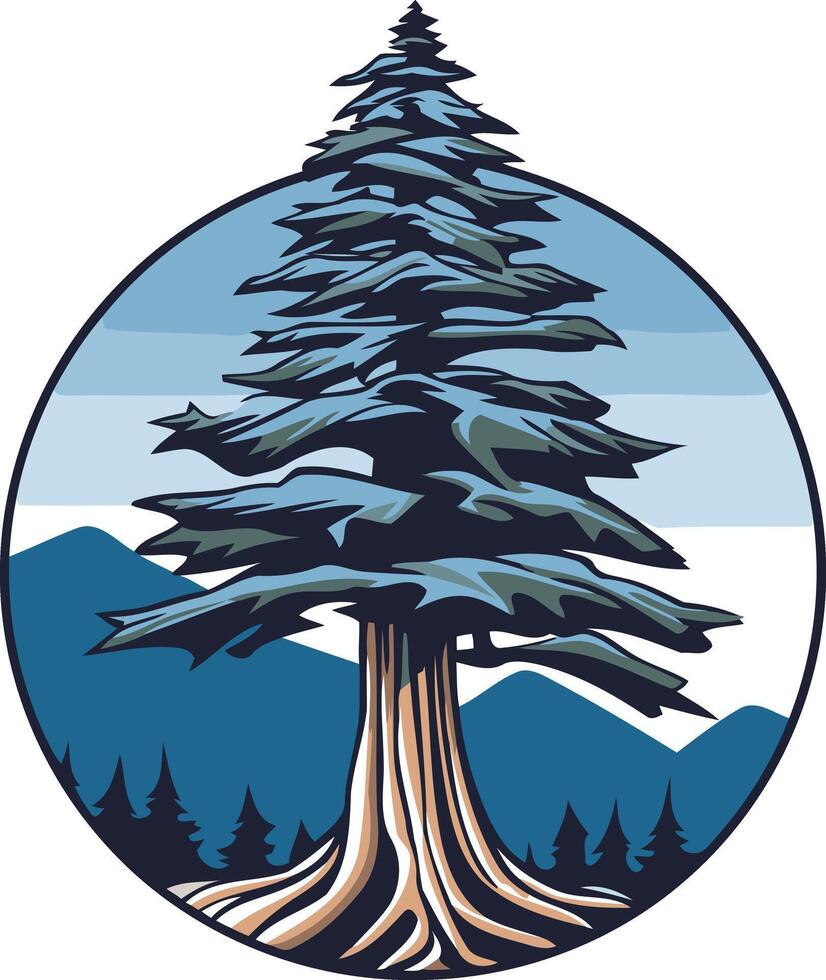 A majestic evergreen tree stands tall against a backdrop of mountains and a blue sky, creating a visually striking and symbolic logo vector