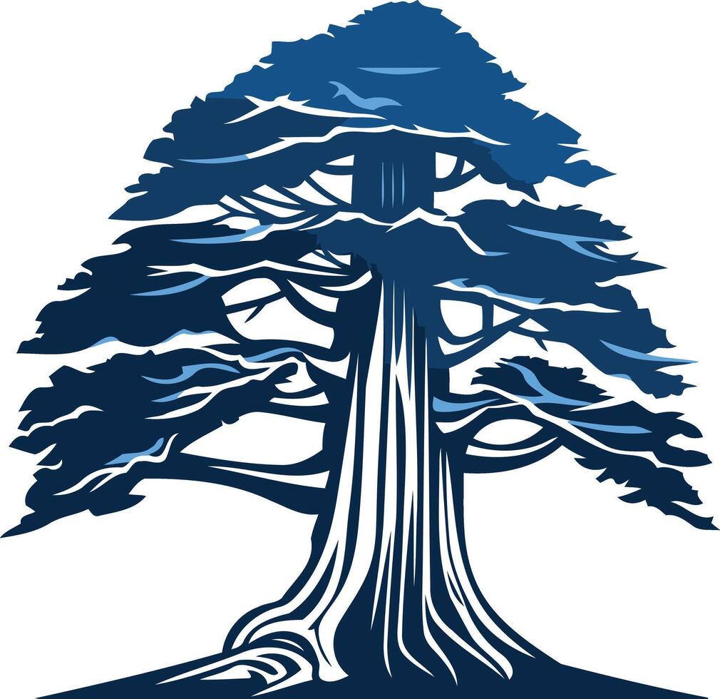 A stylized blue cedar tree with a strong, robust trunk and expansive branches, symbolizing growth, stability, and resilience vector