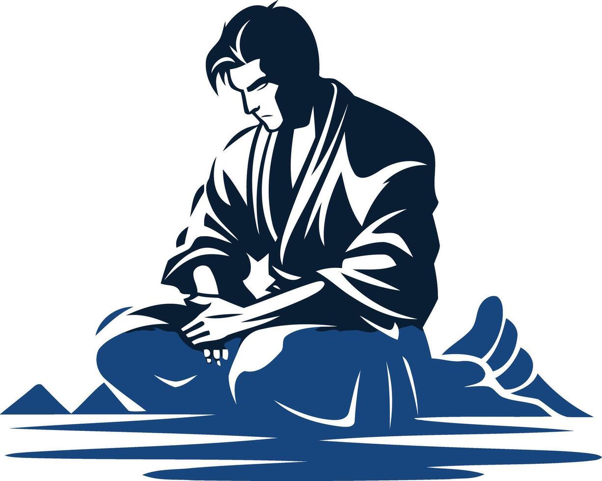 A minimalist silhouette of a man in a traditional japanese robe, meditating on a mountaintop vector
