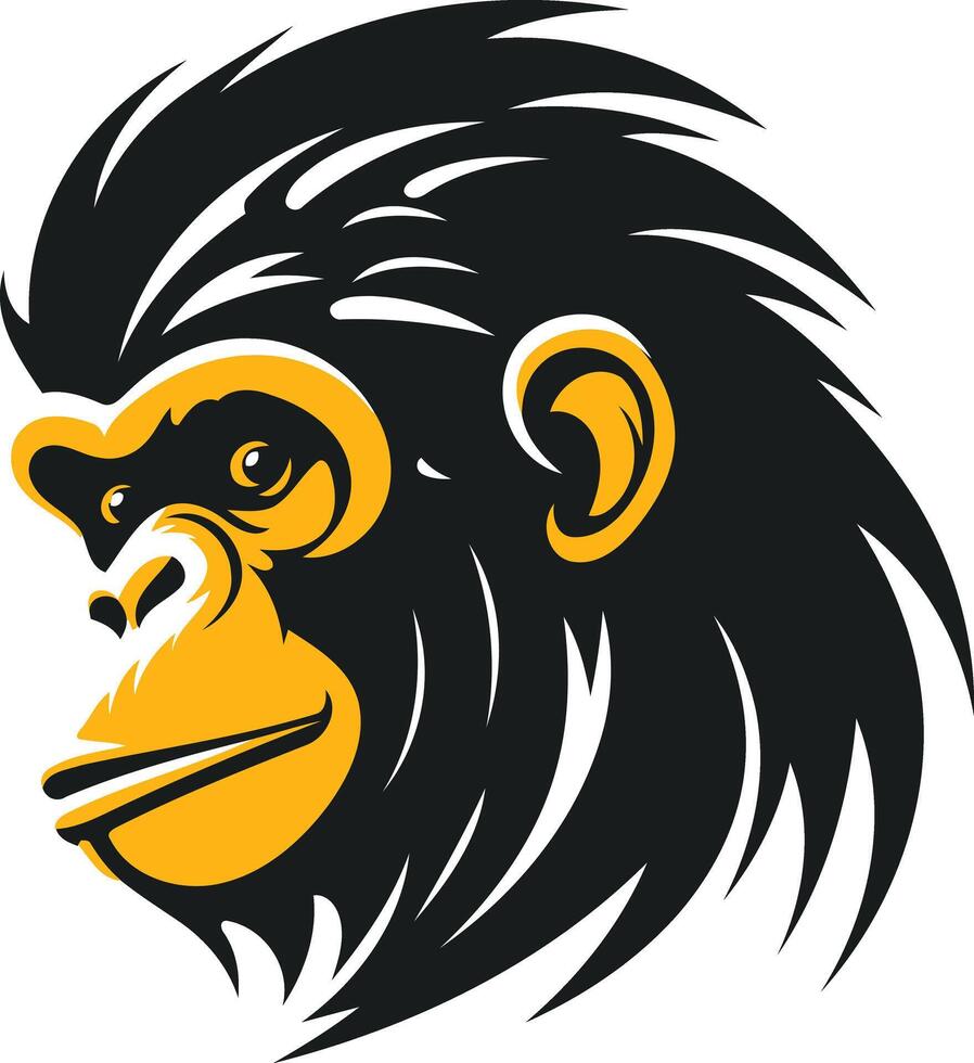 A stylized, black and yellow, head-on portrait of a chimpanzee vector