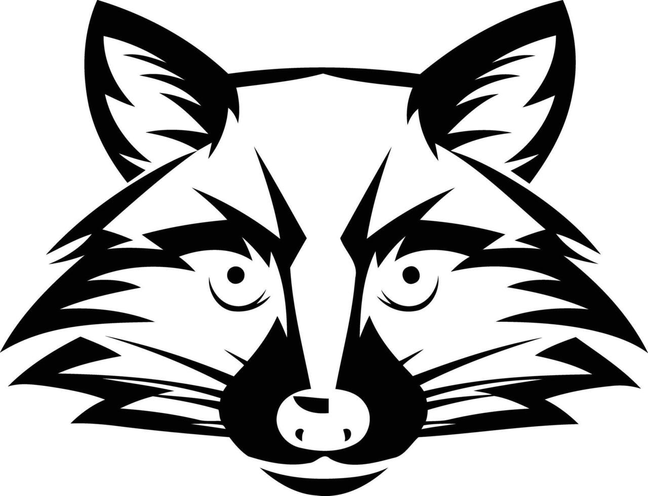 A bold, black and white illustration of a raccoon's face, perfect for logo design or branding vector